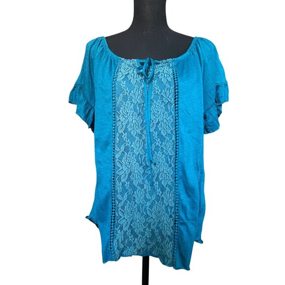 XXL boho lace accent teal short sleeve contrast tunio XXL elastic scoop neck - Picture 1 of 7